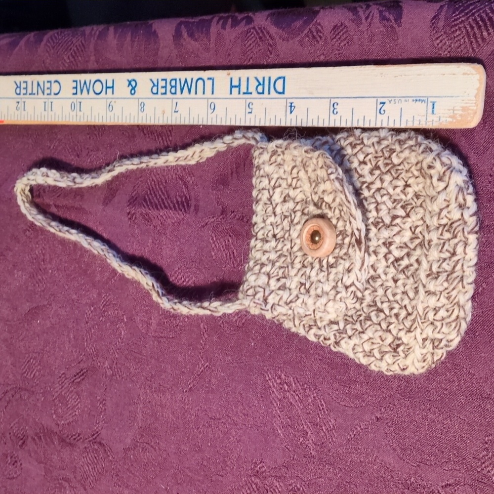Handmade Crochet Tiny Bag with Antique Button 100% Virgin Wool Oak Tweed - Picture 8 of 10